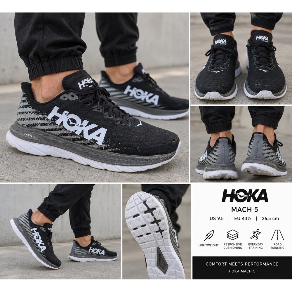 HOKA Mach 5 Mens Running Shoes Black White US 9.5 Lightweight Sneakers